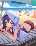  ^_^ akizuki_ritsuko aqua_eyes barefoot beach bikini blue_hair brown_hair chair closed_eyes cloud day glasses grey_hair handheld_game_console idolmaster idolmaster_(classic) idolmaster_million_live! looking_at_viewer lounge_chair lying makabe_mizuki mochizuki_anna multiple_girls ocean official_art on_stomach outdoors playstation_portable sand short_hair sky swimsuit takatsuki_yayoi towel towel_on_head twintails water 