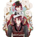  :&gt; bolo_tie book bottle candle copyright_name cross earrings english gianpiero glasses gloves green_eyes harold_j_albert hat hat_ribbon jewelry key kuroi london_city_and_buddy male_focus multiple_boys original red_eyes red_hair red_scarf ribbon ring scarf smile spoken_object 