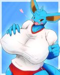  &lt;3 anthro big_breasts blush breasts brown_eyes clothed clothing day-t female horn huge_breasts looking_at_viewer nidoqueen nintendo nipples open_mouth plain_background pok&#233;mon pok&eacute;mon shirt smile solo tight_clothing tongue video_games 