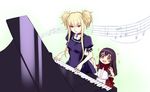  aoki_hagane_no_arpeggio blonde_hair brown_eyes brown_hair choker commentary highres instrument kongou_(aoki_hagane_no_arpeggio) lipstick makeup maya_(aoki_hagane_no_arpeggio) multiple_girls music open_mouth personification piano playing_instrument playing_piano red_eyes ribbon sparkle twintails ww90055 younger 