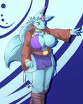  anthrofied big_breasts blue_body blue_hair breasts canine clothing day-t erect_nipples eyebrows eyelashes female fox hair long_ears long_hair mammal nipples purple_nose shoes solo standing wide_hips yellow_eyes 