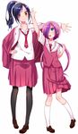  arm_up black_hair blush brown_eyes coat green_eyes hair_over_one_eye hato_haru iwadate_yuan long_hair motouchi_naruka multiple_girls open_mouth outstretched_arms pantyhose purple_hair saki school_uniform short_hair side_ponytail spread_arms twintails usuzan_school_uniform vest 