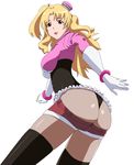  ass black_legwear blonde_hair breasts brown_eyes commentary_request hat light_smile long_hair looking_at_viewer mamitas medium_breasts pantyhose ribonzu short_shorts shorts simple_background solo space_dandy thighhighs white_background 