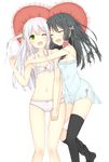 :d bangs bare_arms black_hair bra breasts chemise closed_eyes collarbone eyebrows_visible_through_hair flat_chest green_eyes hair_ornament hair_scrunchie happy heart heart_pillow holding_hands hug lingerie long_hair lying mitoko_(tsuchikure) multiple_girls on_back on_side one_eye_closed one_side_up open_mouth original panties pillow scrunchie shiori_(tsuchikure) smile strap_slip thighhighs thighhighs_pull transparent_background tsuchikure underwear underwear_only white_bra white_hair white_panties yuri 