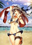  ;d absurdres arm_up bare_shoulders beach bikini blue_bikini blue_sky blurry bracelet breasts brown_eyes cherry_blossoms cleavage cloud day depth_of_field highres jewelry leg_up licorice_nelson long_hair murakami_yuichi navel ocean one_eye_closed open_mouth outdoors petals sandals senjou_no_valkyria senjou_no_valkyria_2 side_ponytail silver_hair sky small_breasts smile solo swimsuit thigh_gap thigh_strap v water water_drop 