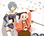  :d blue_eyes blue_hair cape capelet fur_trim gloves hat highres instrument long_hair magical_girl mahou_shoujo_madoka_magica mahou_shoujo_madoka_magica_movie midriff miki_sayaka mizuki_(flowerlanguage) momoe_nagisa multicolored multicolored_eyes multiple_girls navel open_mouth pyotr_(madoka_magica) red_eyes short_hair smile soul_gem suspenders sword thighhighs tray trumpet two_side_up weapon white_hair zettai_ryouiki 