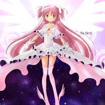  boots bow cleavage_cutout commentary dress english hair_bow kaname_madoka long_hair mahou_shoujo_madoka_magica pink_footwear pink_hair shoes shuuji_(shumi) solo spoilers star_(sky) thigh_boots thighhighs two_side_up ultimate_madoka very_long_hair winged_shoes wings yellow_eyes 