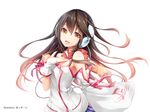  akkijin brown_eyes brown_hair detached_sleeves headphones kokone_(vocaloid) long_hair mismatched_sleeves music official_art scarf singing solo vocaloid 