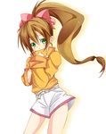  belt bow brown_hair green_eyes hair_bow highres itsumi1021 long_hair orange_shirt pink_bow ponytail scryed shirt shorts smile solo sweater white_shorts yuuta_kanami 