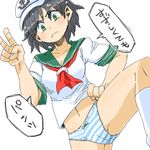  aono3 black_hair bow bow_panties cameltoe collarbone green_eyes hand_on_hip hat murasa_minamitsu navel neckerchief no_pants panties sailor sailor_hat simple_background solo speech_bubble striped striped_panties touhou underwear v 