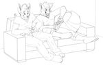  anthro black_and_white canine clothed clothing couple duo fox fully_dressed gaming gay hair hindpaw line_art male mammal monochrome nervous owning pawpads paws playing raccoon rileysockfoxy sitting smile sofa toes video_games 