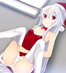  afilia_(kiyomin) bare_shoulders breasts christmas collarbone hat highres kiyomin long_hair looking_at_viewer original panties red_eyes ribbon santa_costume santa_hat sitting small_breasts smile solo spread_legs thighhighs thighhighs_pull underwear white_hair white_panties 