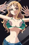  against_fourth_wall against_glass bikini_top breasts breasts_apart brown_eyes earrings fourth_wall groin jewelry kyakya large_breasts long_hair nami_(one_piece) navel one_piece orange_hair smile solo 