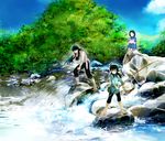  2boys black_hair braid chinese_clothes dragon_ryuuhou dragon_shiryuu family father_and_son fishing_rod jobo_(isi88) long_hair mother_and_son multiple_boys rock saint_seiya saint_seiya_omega shunrei tree water 