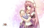  2010 agarest_senki agarest_senki_(series) baby colored_eyelashes company_name copyright_name dress ellis_(agarest_senki) hair_down hairband highres hirano_katsuyuki long_hair long_pointy_ears official_art pink_background pink_hair pointy_ears purple_eyes smile 