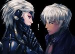  2boys bad_id bad_pixiv_id crossover cyborg dark_skin dark_skinned_male eyepatch green_eyes k' kanashiki look-alike metal_gear_(series) metal_gear_rising:_revengeance multiple_boys raiden red_eyes the_king_of_fighters white_hair 