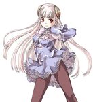  bangs blunt_bangs bow bowtie brown_legwear capcom_fighting_jam dress dress_lift frilled_dress frills gloves hairpods ingrid lavender_dress long_hair long_sleeves matsukura_nemu pantyhose pose purple_dress red_eyes solo very_long_hair white_background white_bow white_gloves white_hair 