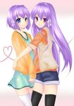  blue_eyes casual clannad dress fujibayashi_kyou fujibayashi_ryou long_hair multiple_girls purple_eyes purple_hair rai_(rai-s) short_hair shorts siblings sisters thighhighs twins zettai_ryouiki 