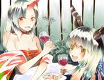  alcohol blue_nails breasts cleavage cup drinking_glass from_above horn horns hoshiguma_yuugi ibuki_suika medium_breasts mouth_hold multicolored_hair multiple_girls nail_polish onion onion_rings prino_hawell red_eyes touhou wine wine_glass 