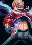  back bad_id bad_pixiv_id baro belt blonde_hair blue_fire denim fatal_fury fingerless_gloves fire gloves glowing jacket jeans male_focus mark_of_the_wolves pants red_eyes rock_howard snk solo star wings 