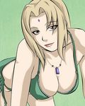  bare_shoulders blonde_hair breasts cleavage facial_mark forehead_mark jewelry jon_kneeland large_breasts leaning_forward lips lowres naruto naruto_(series) necklace solo swimsuit tsunade yellow_eyes 