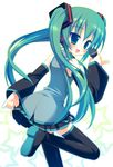  aqua_hair detached_sleeves hatsune_miku headphones long_hair meito_(maze) microphone necktie skirt solo thighhighs twintails very_long_hair vocaloid 