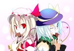  back-to-back blonde_hair blue_eyes chocolate flandre_scarlet food green_hair hat heart komeiji_koishi multiple_girls one_eye_closed oouso red_eyes short_hair touhou valentine 