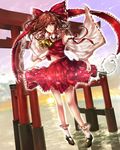  bad_id bad_pixiv_id brown_eyes brown_hair detached_sleeves gohei hakurei_reimu midriff navel neota ribbon ryoubu_torii solo torii touhou water 