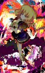  abstract_background bare_legs blonde_hair closed_mouth dress expressionless foreshortening green_eyes hat long_sleeves looking_at_viewer mizuhashi_parsee purple_dress short_hair solo standing touhou yoshioka_yoshiko 
