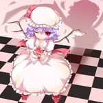  ascot bangs blue_hair bow checkered checkered_floor child demon_girl feathers flat_chest frills from_above gem hat hoshikuzu lolita_fashion looking_at_viewer one_eye_closed perspective red_eyes remilia_scarlet ribbon shadow shoes short_hair skirt smile solo standing touhou wings wristband 