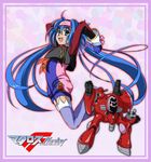  blue_hair boots child flat_chest green_eyes headband klan_klein macross macross_frontier mecha purple_footwear solo tri 