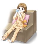  barefoot bow brown_eyes brown_hair child couch cup drinking feet flat_chest mattaku_mousuke mug original pajamas pink_bow pink_pillow short_hair sitting solo steam stuffed_animal stuffed_cat stuffed_toy 