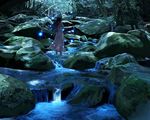  ahoge bad_id bad_pixiv_id blue chimachi copyright_request dress fireflies green_hair long_hair moss nature rock scenery shade solo stream tree wading water waterfall 