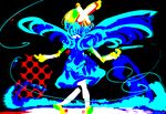  black_background blue_dress blue_hair blue_wings cirno colorful dress fairy_wings from_behind full_body green_footwear green_hair multicolored_hair no_socks puffy_short_sleeves puffy_sleeves shoes short_hair short_sleeves simple_background solo standing touhou two-tone_hair wings yoshioka_yoshiko 