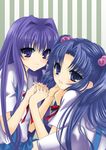  bad_id bad_pixiv_id blue_eyes blue_hair clannad fujibayashi_kyou hair_bobbles hair_ornament hikarizaka_private_high_school_uniform holding_hands ichinose_kotomi long_hair multiple_girls purple_eyes purple_hair sakasaka school_uniform thighhighs two_side_up 