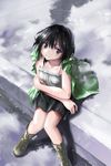  black_hair boots crossed_arms highres original purple_eyes rain short_hair sitting skirt solo ssi 