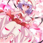  checkered checkered_floor fingernails hat hoshikuzu lying nail_polish on_back on_floor petals purple_hair red_eyes red_nails remilia_scarlet short_hair solo staring touhou wings 