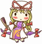  blonde_hair chibi closed_fan fan folding_fan gap hair_ribbon hat long_hair ribbon solo touhou yakumo_yukari yosudon 