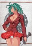  absurdres antenna_hair blazer breasts buttons cleavage earrings green_eyes green_hair hand_on_hip highres ikkitousen jacket jewelry large_breasts magatama magatama_earrings no_bra official_art panties pantyshot plaid plaid_skirt pleated_skirt ryofu_housen scan school_uniform shiozaki_yuji short_twintails skirt smile solo sword twintails underwear weapon white_panties 