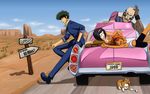  2boys 2girls beard blush_stickers car cowboy_bebop edward_wong_hau_pepelu_tivrusky_iv ein_(cowboy_bebop) facial_hair faye_valentine ground_vehicle jet_black motor_vehicle multiple_boys multiple_girls orange_hair purple_hair spike_spiegel tri welsh_corgi 