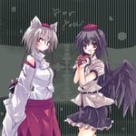  animal_ears bad_id bad_pixiv_id bikkuameron black_hair black_wings box detached_sleeves gift hat heart heart-shaped_box holding holding_gift inubashiri_momiji multiple_girls red_eyes ribbon shameimaru_aya short_hair skirt tokin_hat touhou valentine white_hair wings wolf_ears 