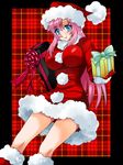  blue_eyes breasts frame fur_trim gift gloves gundam gundam_seed gundam_seed_destiny hat holding holding_gift impossible_clothes large_breasts long_hair looking_at_viewer meer_campbell pink_hair plaid plaid_background santa_costume santa_hat smile solo tooru_jin unmoving_pattern 