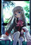  blue_eyes blush bow bowtie little_busters! long_hair long_sleeves looking_at_viewer noumi_kudryavka pink_bow pink_neckwear silver_hair sitting solo tareme thighhighs white_legwear xephonia zettai_ryouiki 