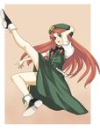  aki_(mare_desiderii) bad_id bad_pixiv_id bare_legs beret blue_eyes braid hand_on_headwear hat hong_meiling long_hair outstretched_leg red_hair simple_background smile solo star touhou twin_braids 