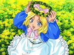  blonde_hair blue_eyes bow crown dress flower head_wreath iris_chateaubriand non-web_source pink_bow sakura_taisen short_hair solo 