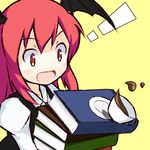  1girl book coffee cup head_wings koakuma lowres red_eyes red_hair solo touhou tsuyuki_(yukitgraph) 