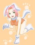  all_fours animal_ears artist_request bare_shoulders dog_ears gloves green_eyes haruno_sakura naruto naruto_(series) open_mouth pink_hair short_hair solo tail 