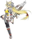  1girl armor blond blonde_hair breasts comic female full_body grenadier gun helmet japanese_armor long_hair machine_gun manga rushuna_tendo samurai_armor samurai_armour simple_background solo swimsuit tendo_rushuna tendou_rushuna weapon yellow_eyes 