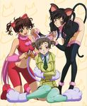  animal_ears aqua_legwear ashford_academy_uniform black_hair black_legwear brown_hair cat_ears code_geass genderswap genderswap_(mtf) gloves green_eyes luluko multiple_girls paw_gloves paw_shoes paws purple_eyes roloko shoes suzako tabata_hisayuki thighhighs 