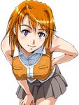  bent_over blush cowboy_shot grey_skirt hand_on_hip hand_on_own_thigh leaning_forward my-hime nigou oekaki orange_hair orange_shirt pleated_skirt purple_eyes school_uniform shirt short_hair simple_background skirt sleeveless sleeveless_shirt smile solo tokiha_mai white_background 